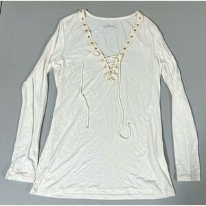 M. Fredric Collection White V-Neck Lace-Up Long Sleeve Shirt Top Blouse Size M 🤍